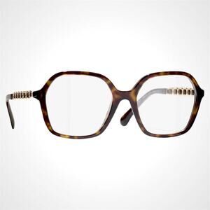 New CHANEL Eyeglasses Brown Tortoise Acetate Leather Arms 53mm Rx-able